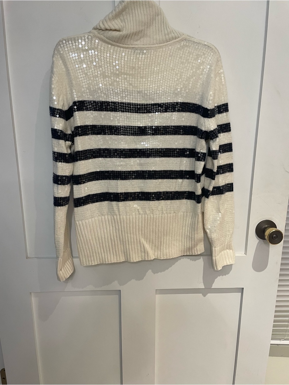 Talbots Ivory/Black Striped Sequin Cowl neck sweater size Small